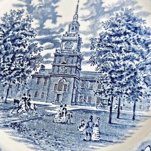 3 Liberty Blue Independence Hall Dinner Plates 10" Staffordshire England Ironsto - Picture 9 of 16